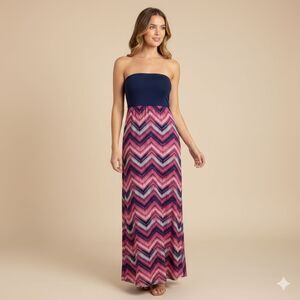 Boho Blue Strapless Maxi Dress Pink Chevron Zig Zag Pattern Long Sundress XS